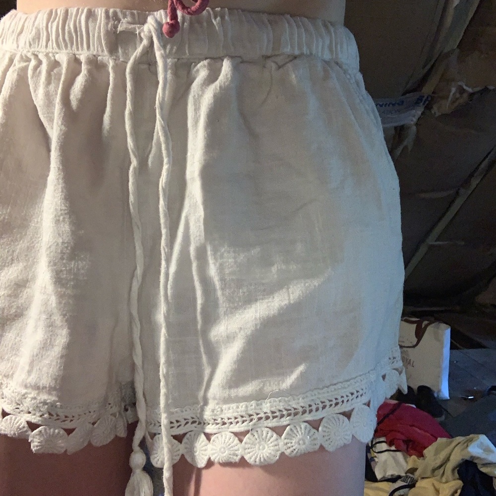 crochet hem scallop linen shorts tie waist